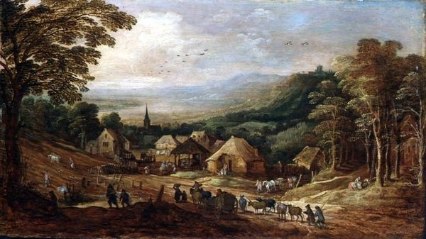 Efterårslandskab med bønder af J. and Momper J. de Brueghel