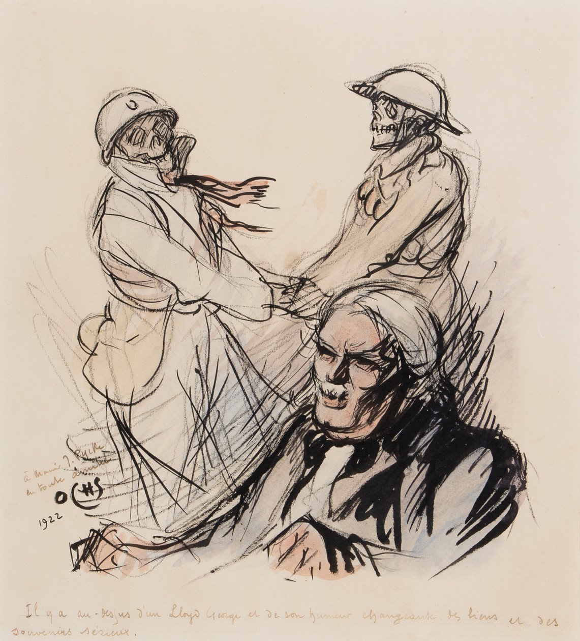 Lloyd George spiller stadig les lieus et les souvenirs serieux fra WWI i 1922, 1922 (pen, pensel, blæk & wc på papir) af J. Ochs