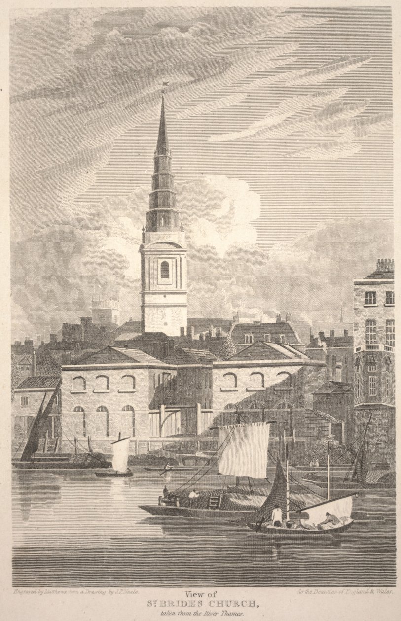 Udsigt over St. Brides Church, taget fra Themsen, indgraveret af Matthews af John Preston Neale
