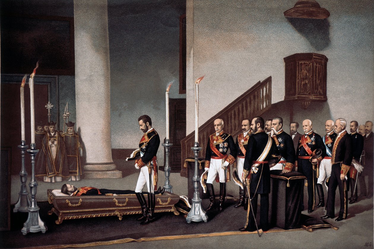 Kong Amedeo I foran General Prims kiste, gravering af J. Palacios af J. Palacios