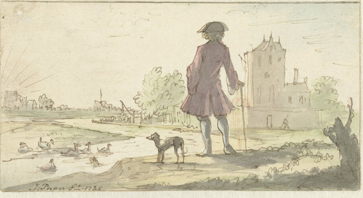 Mand med hund nær vand af J. Paon (signed by artist)