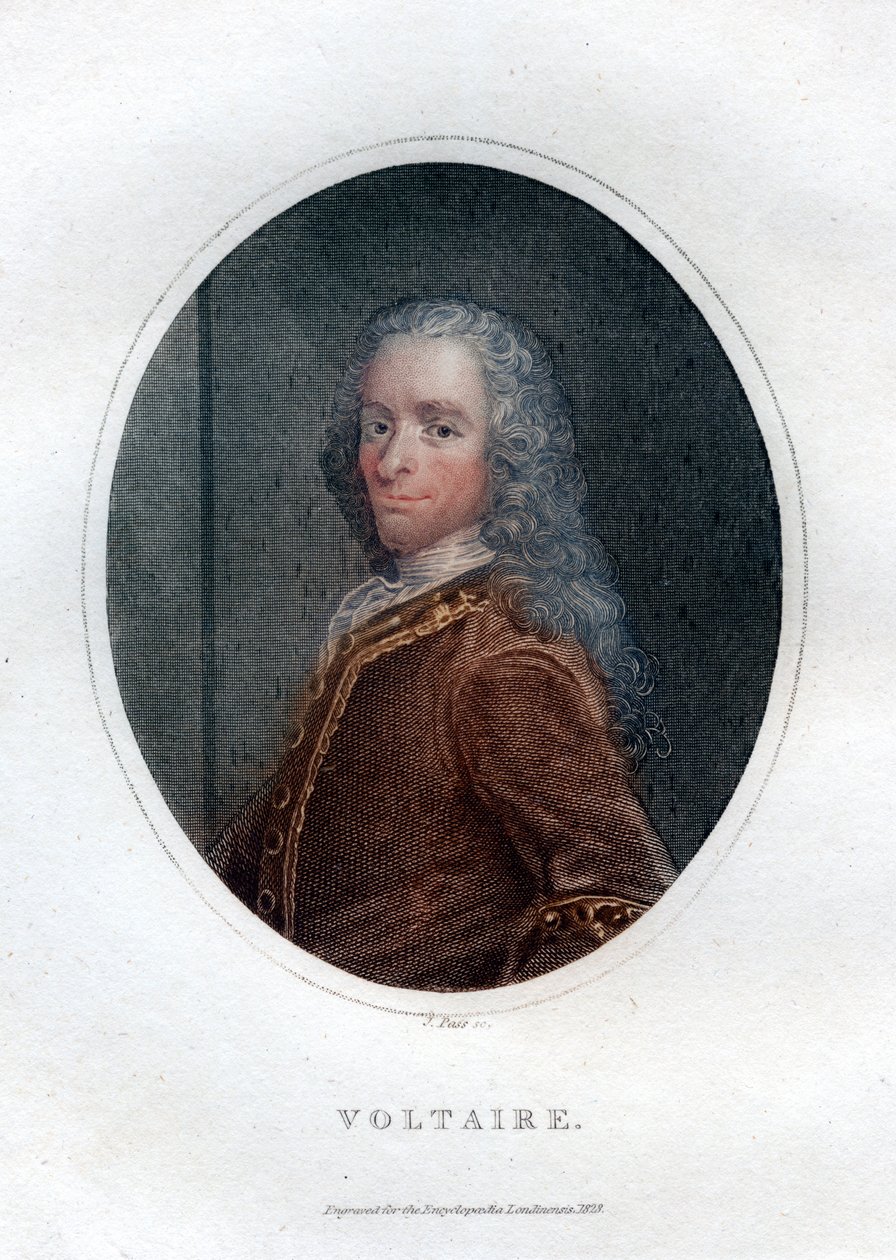 Francois Marie Arouet Voltaire, fransk forfatter og satiriker fra det 18. århundrede, 1828. af J. Pass