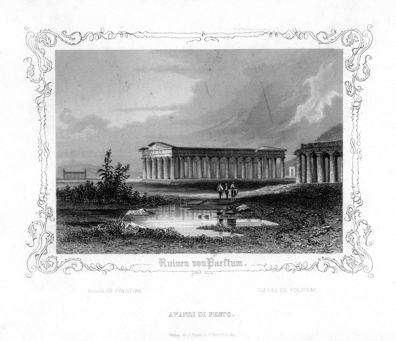 Ruinerne af Paestum, Italien, 1800-tallet af J. Poppel