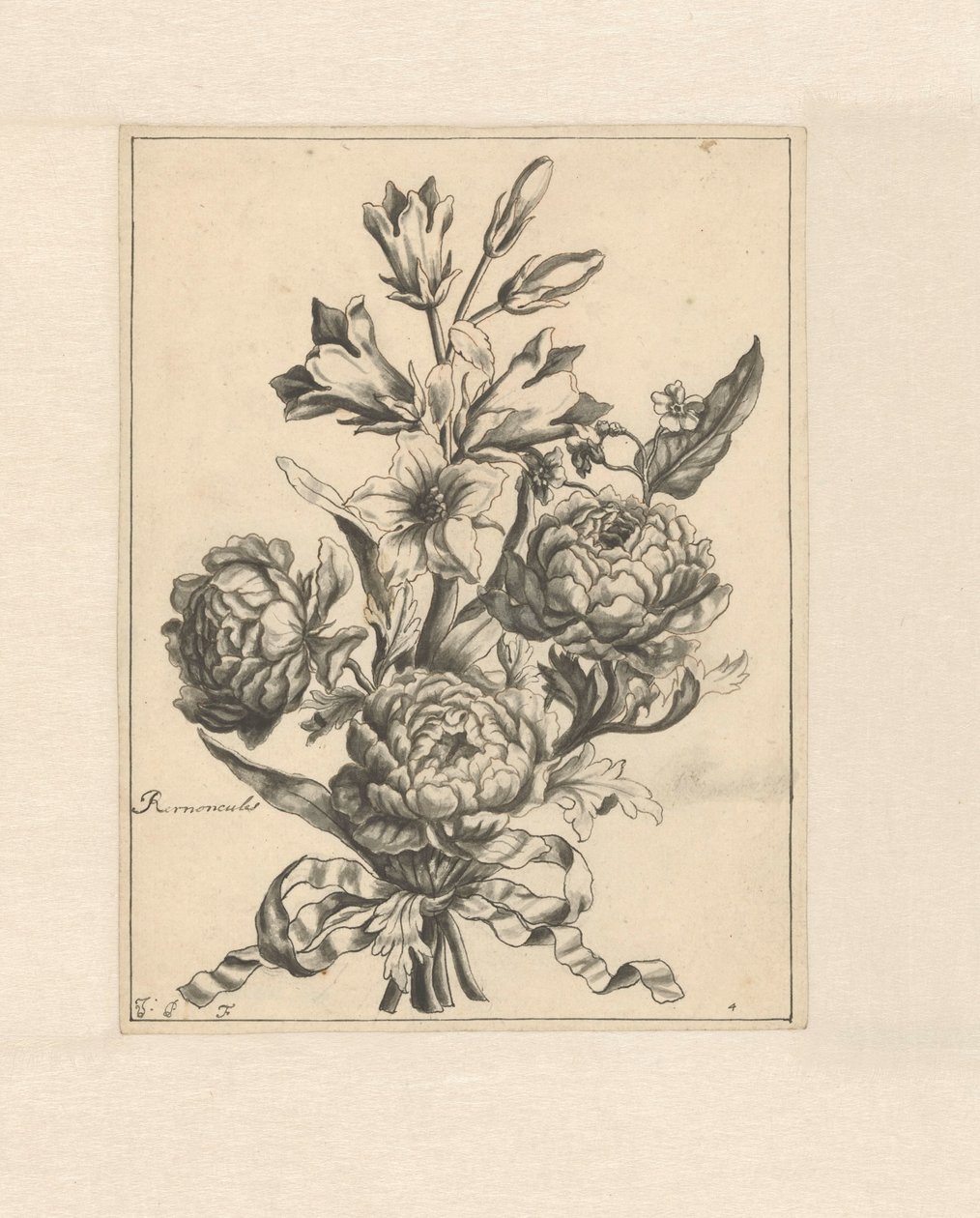 Smørblomster bundet sammen med et bånd Renocules (titel på objekt) af J. Porteret