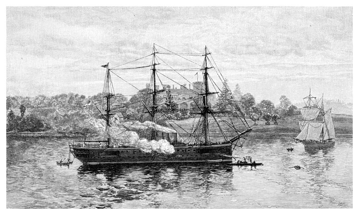Government House og HMS Nelson, Sydney, New South Wales, Australien, 1886. af J. R. Ashton