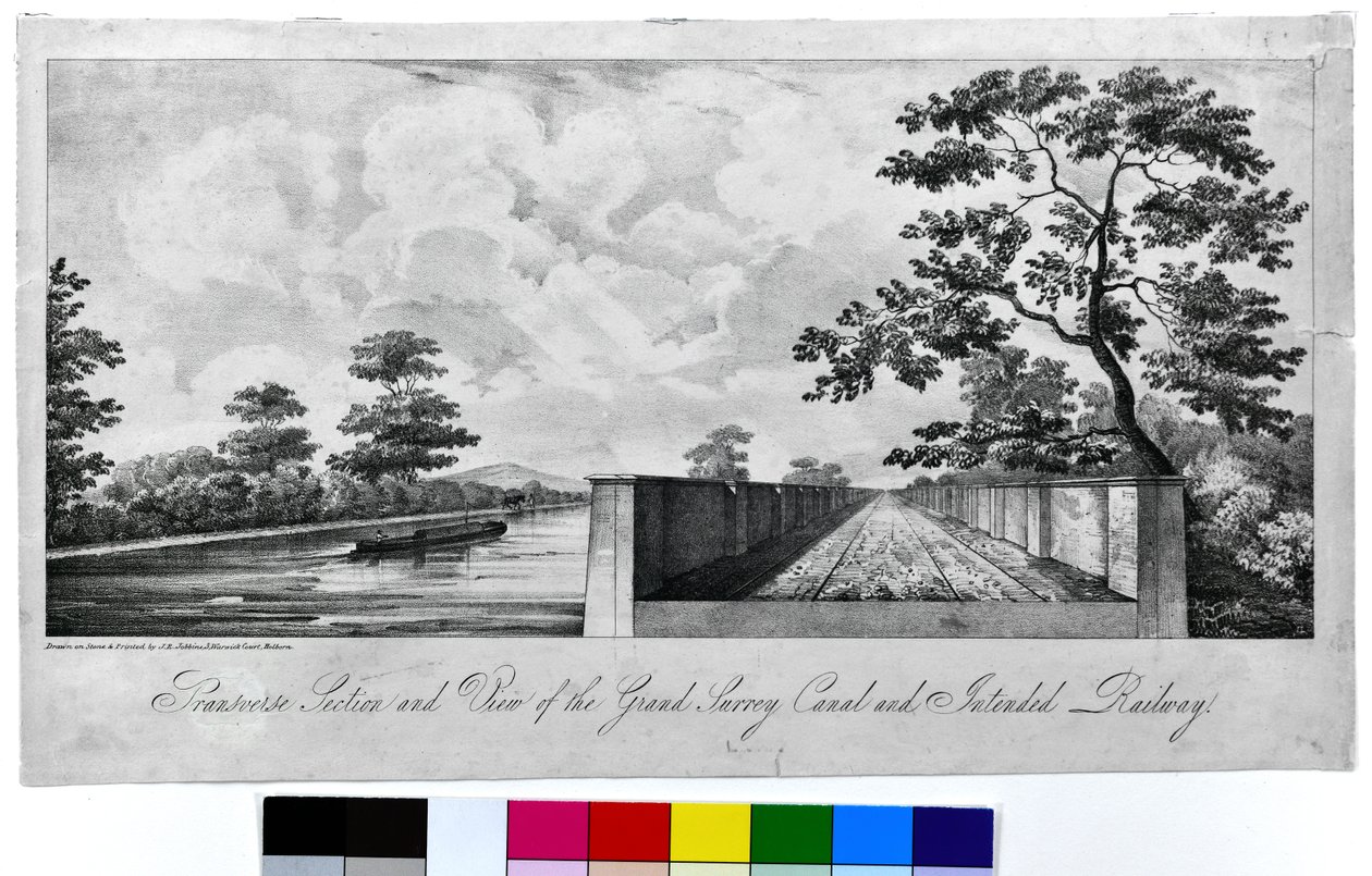 Tværsnit og udsigt over Grand Surrey-kanalen og den planlagte jernbane, ca. 1835 (litografi på papir) af J. R. Jobbins