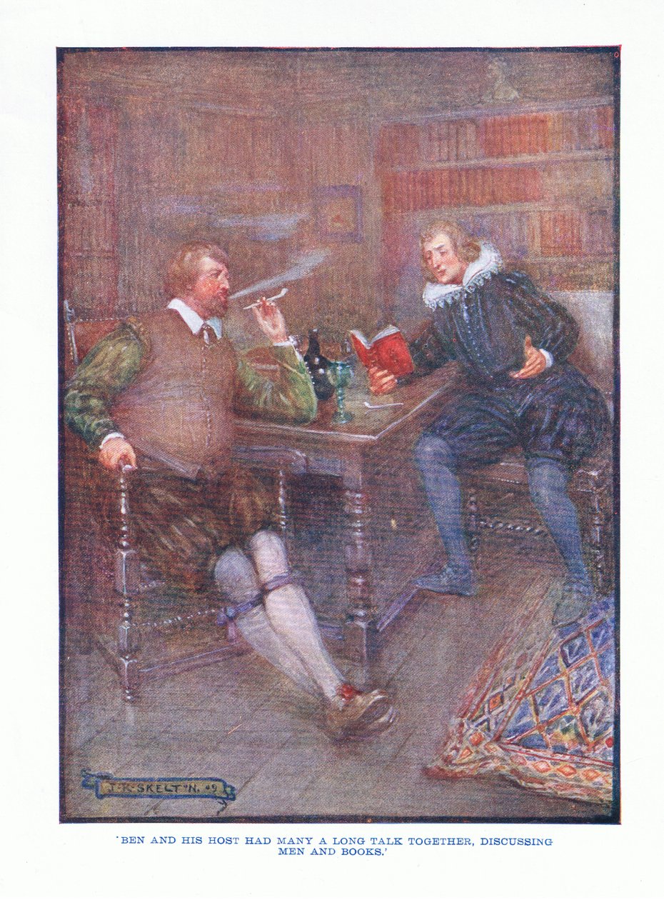 Ben og hans vært havde mange lange snakke sammen, diskuterede mænd og bøger, fra engelsk litteratur pub. af T C & EC Jack, ca. 1920 af J. R. Skelton