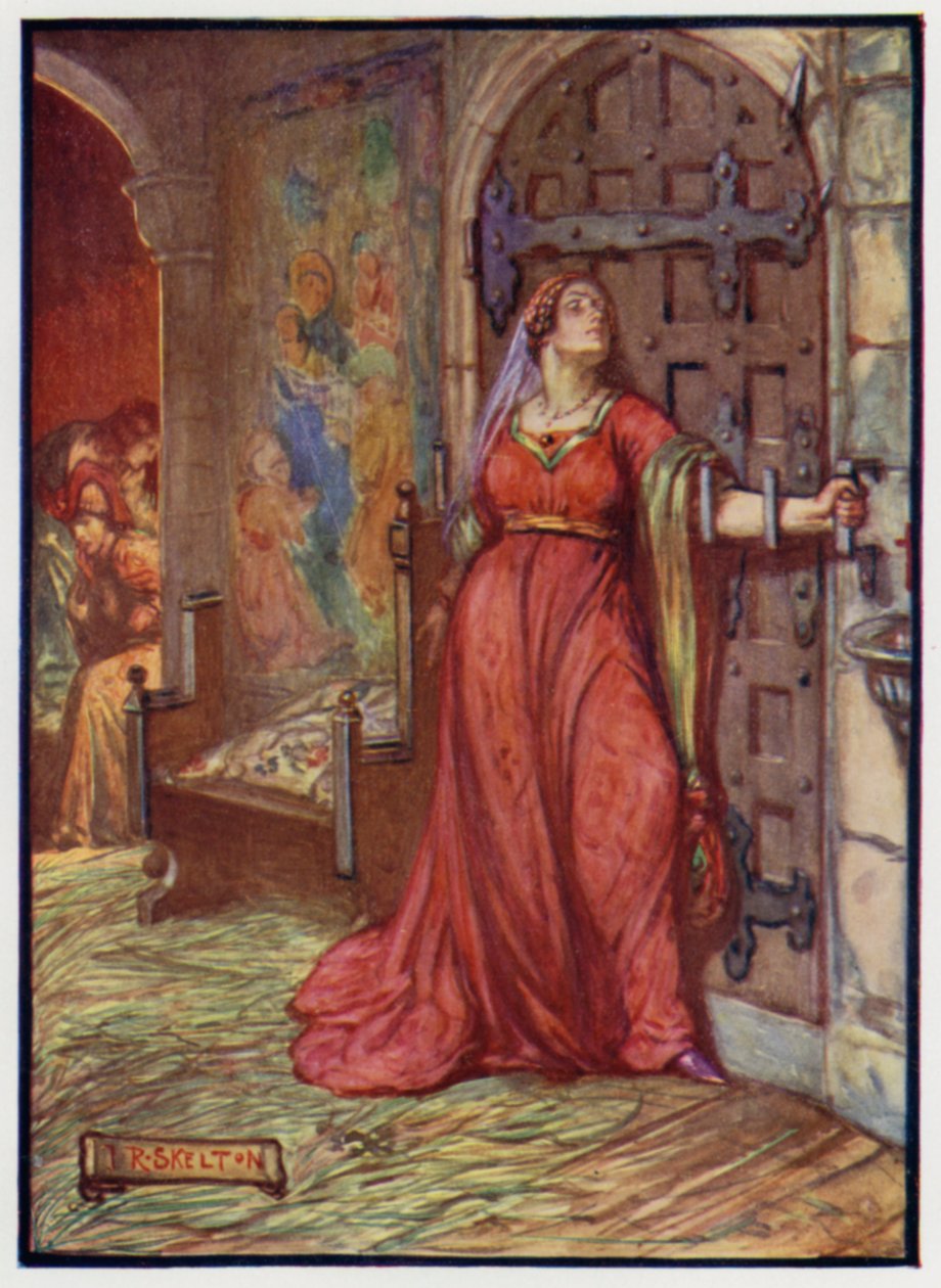 Catherine Douglas, en af Joan Beauforts hofdamer, dronning af kong James I af Skotland, bruger sin arm til at spærre døren for snigmordere, der forsøger at dræbe kongen. af J. R. Skelton
