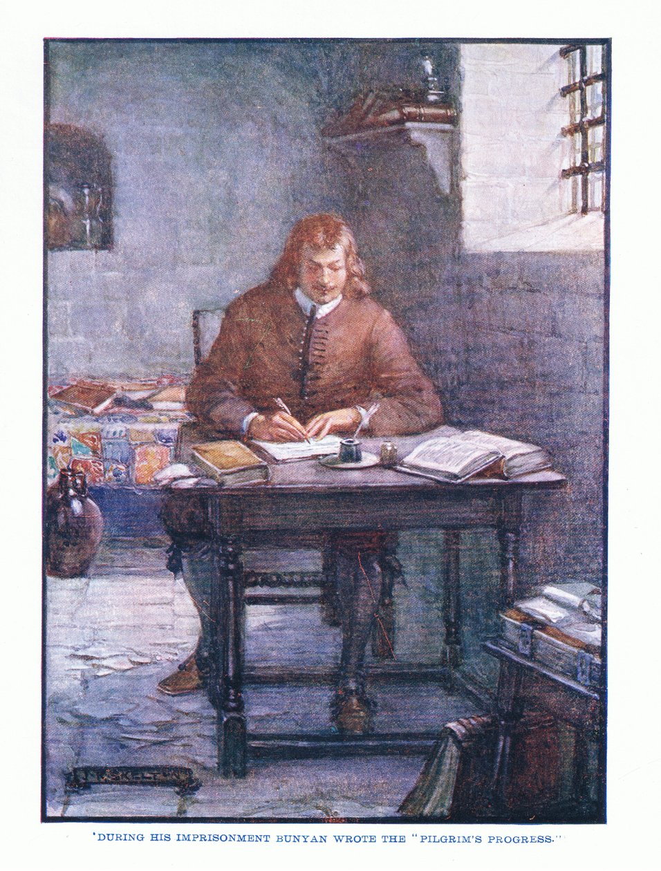 Under sin fængsling skrev Bunyan The Pilgrims Progress, fra English Literature pub.af T C & EC Jack, ca. 1920 af J. R. Skelton