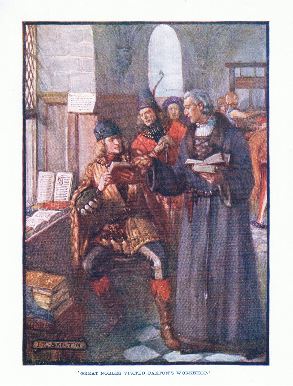 Store adelsmænd besøgte Caxtons værksted, fra engelsk litteratur pub. af T C & EC Jack, ca. 1920 af J. R. Skelton