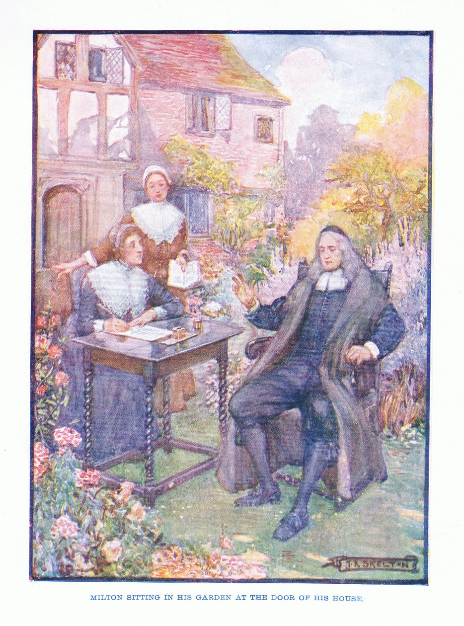 Milton sidder i sin have ved døren til sit hus, fra English Literature pub. af T C & EC Jack, ca. 1920 af J. R. Skelton
