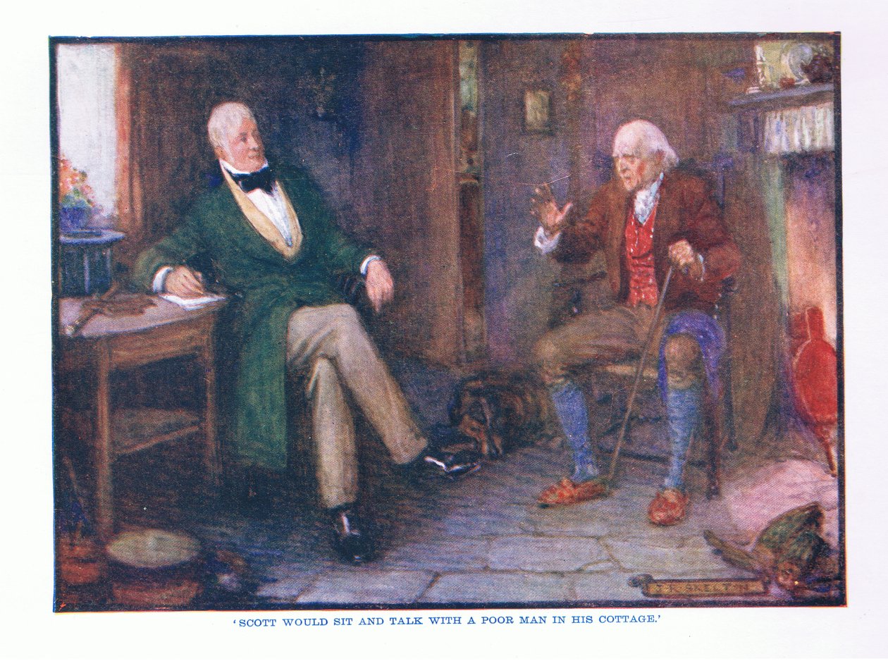 Scott ville sidde og snakke med en fattig mand i hans sommerhus, fra English Literature pub. af T C & EC Jack, ca. 1920 af J. R. Skelton