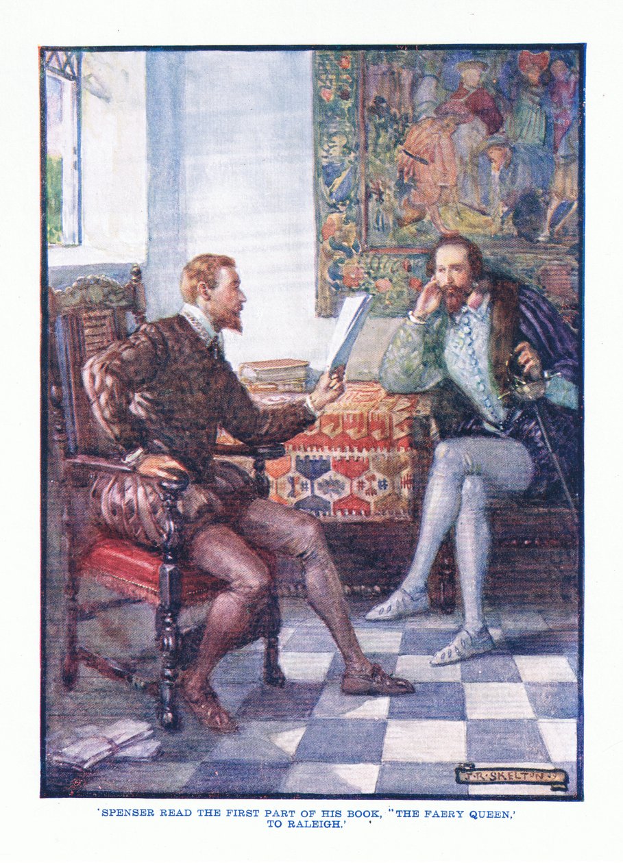 Spenser læste den første del af sin bog The Faery Queen to Raleigh, fra engelsk litteratur pub. af T C & EC Jack, ca. 1920 af J. R. Skelton
