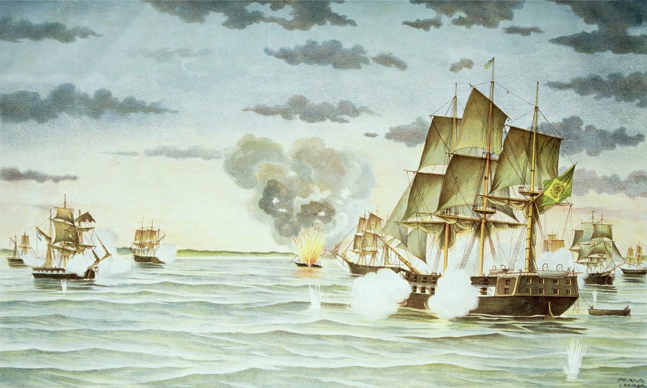 Slaget ved Quilmes under den cisplatinske krig (1825-28) mellem Uruguay og Brasilien (gravering) af J. Raison