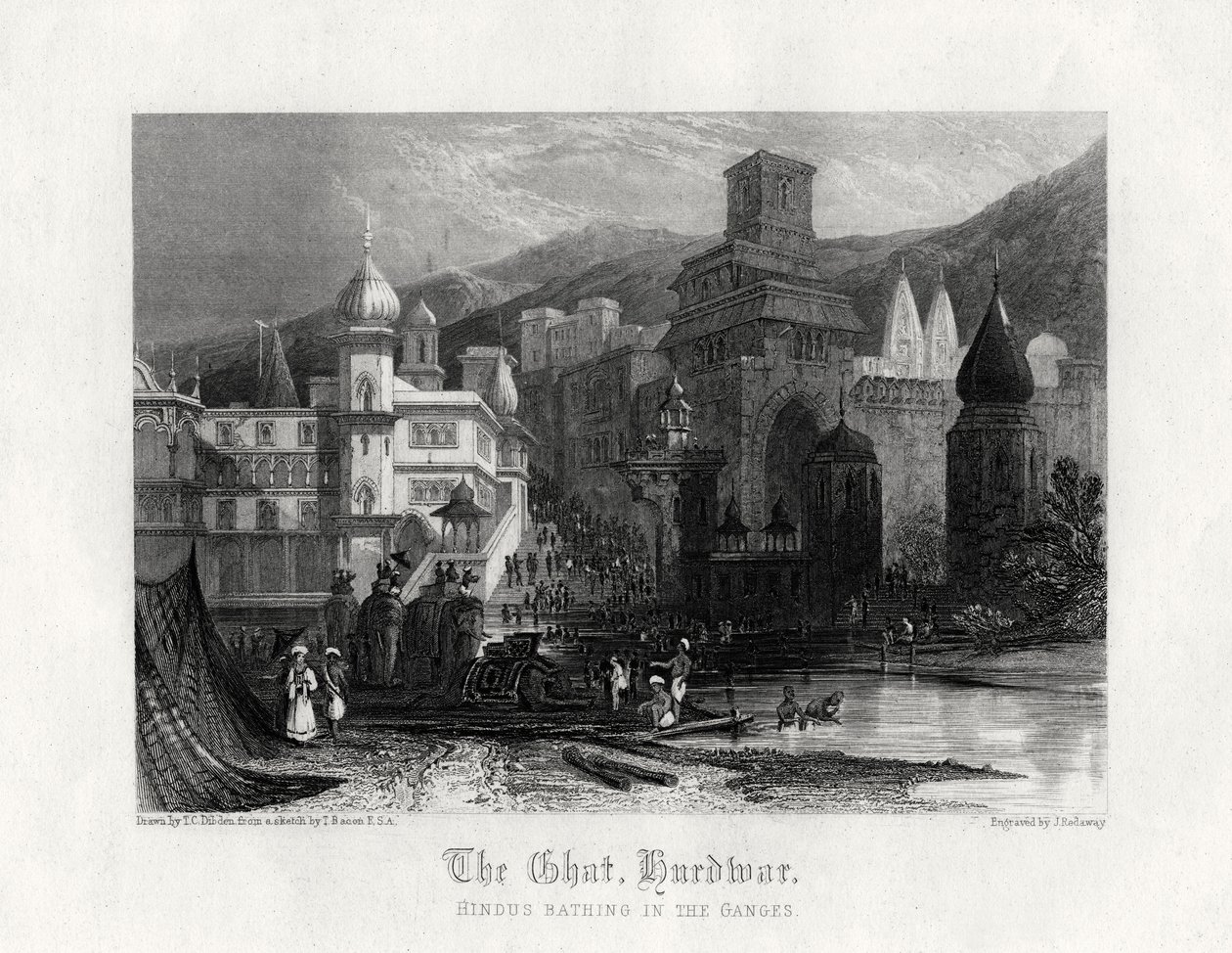 Ghat, Hurdwar, hinduer, der bader i Ganges, 1800-tallet af J. Redaway