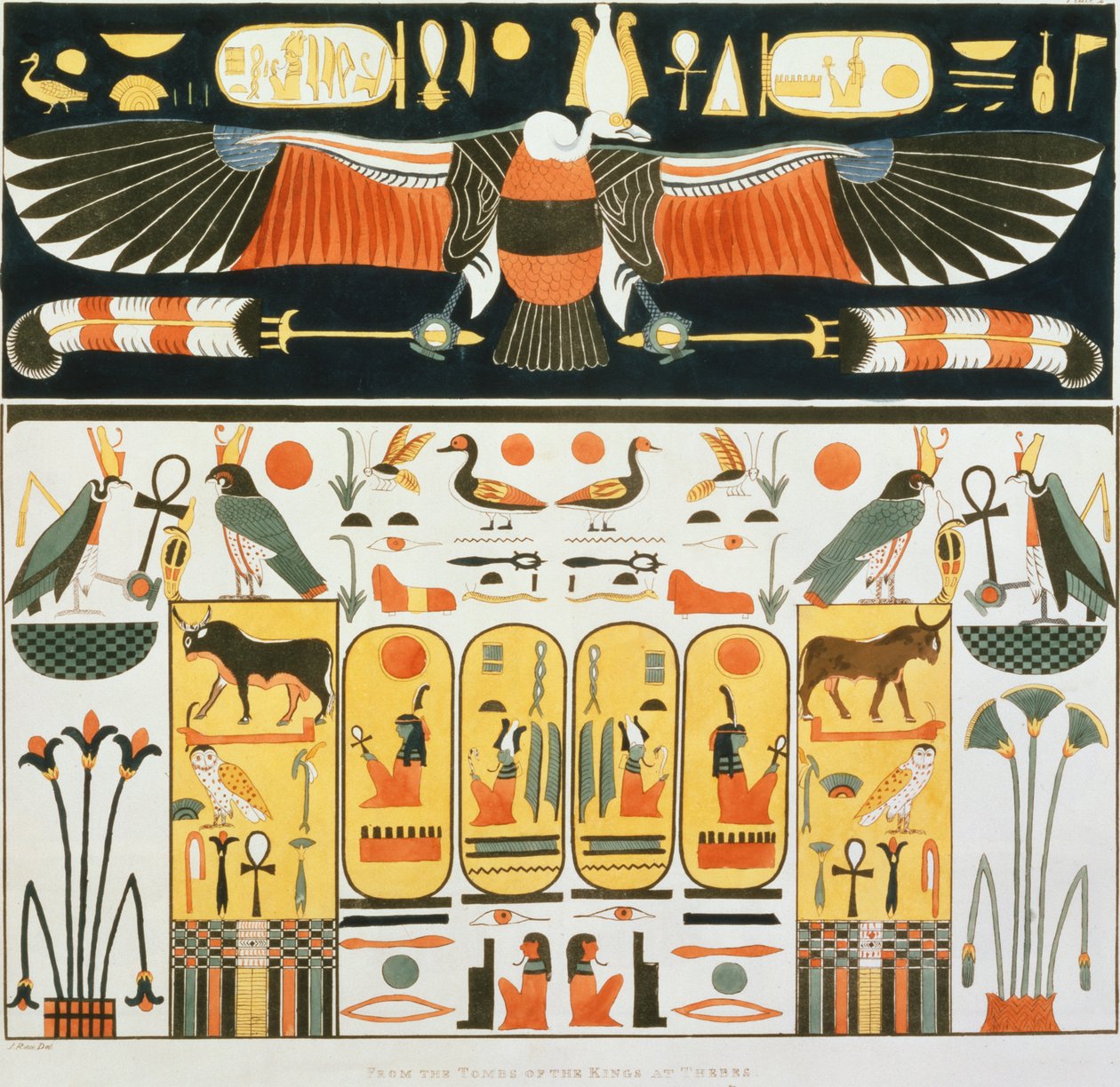 Maleri fra kongegravene i Theben, opdaget af G. Belzoni, planche 2 fra `Plates Illustrative of the Researches in Egypt and Nubia`, graveret af Charles Hullmandel (1789-1850) 1820-22) (lit af J. Ricci