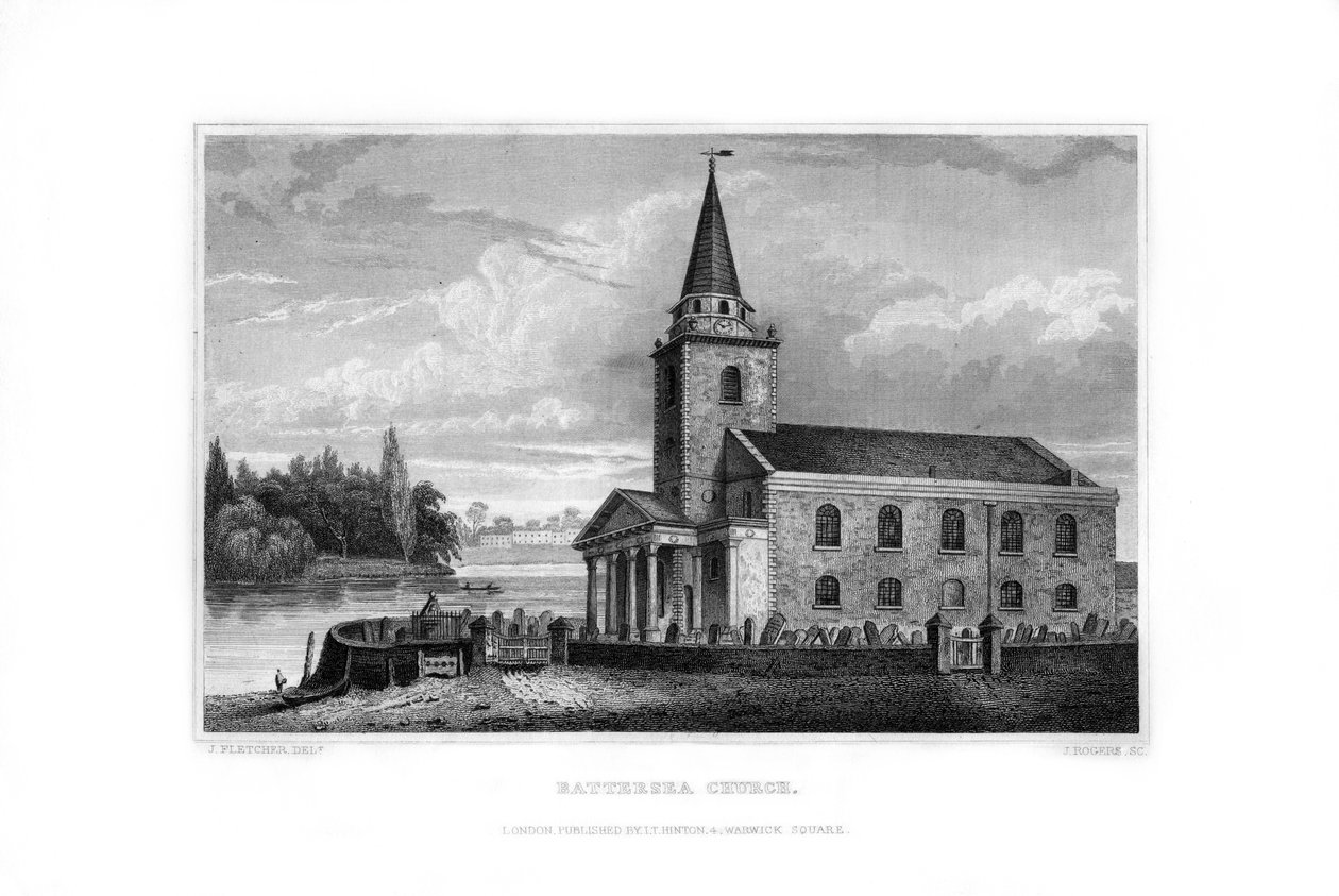 Battersea Church, Battersea, London, 1829. af J. Rogers