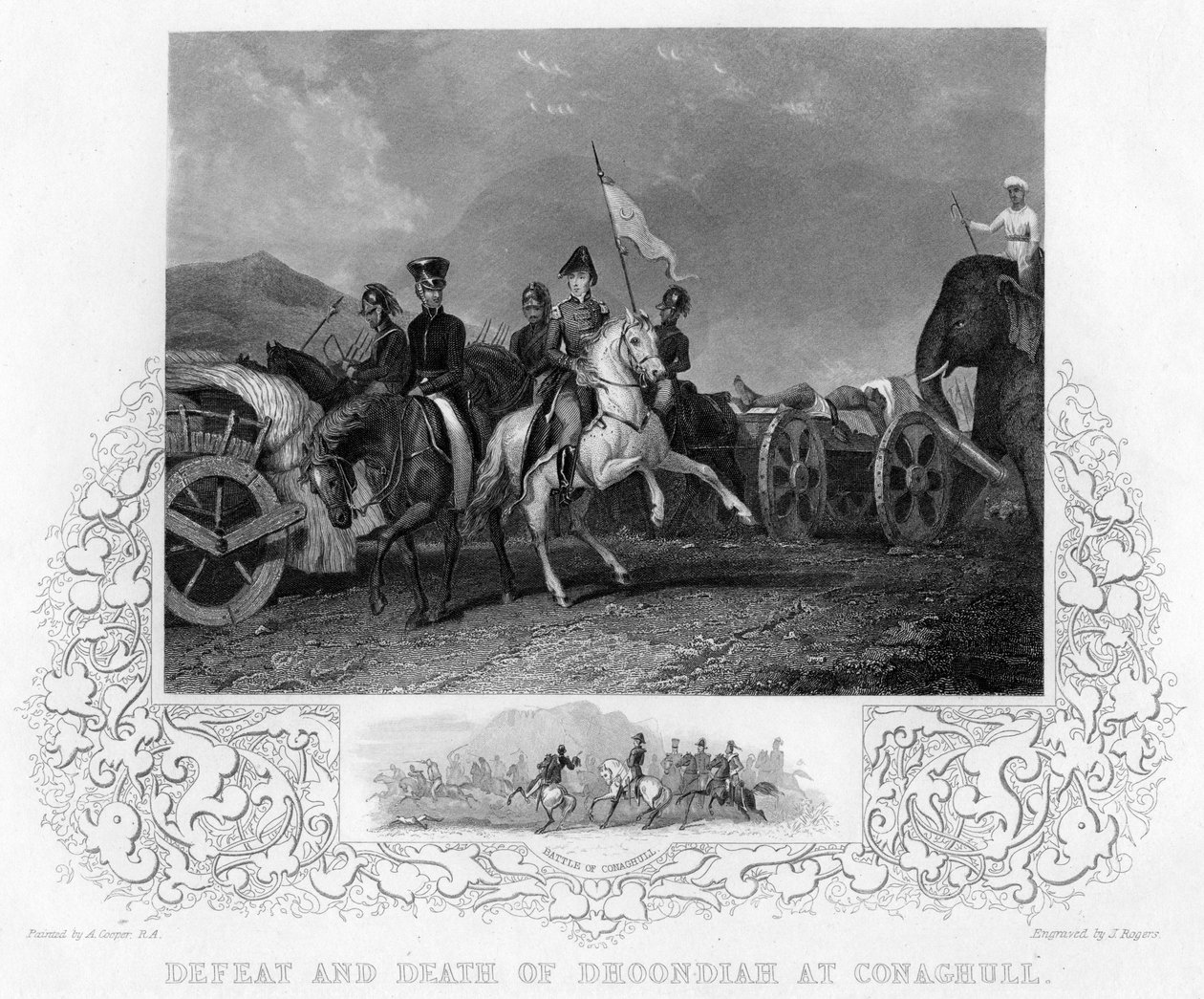 Dhoondiahs nederlag og død ved Conaghull, 1800, begyndelsen af midten af det 19. århundrede. af J. Rogers