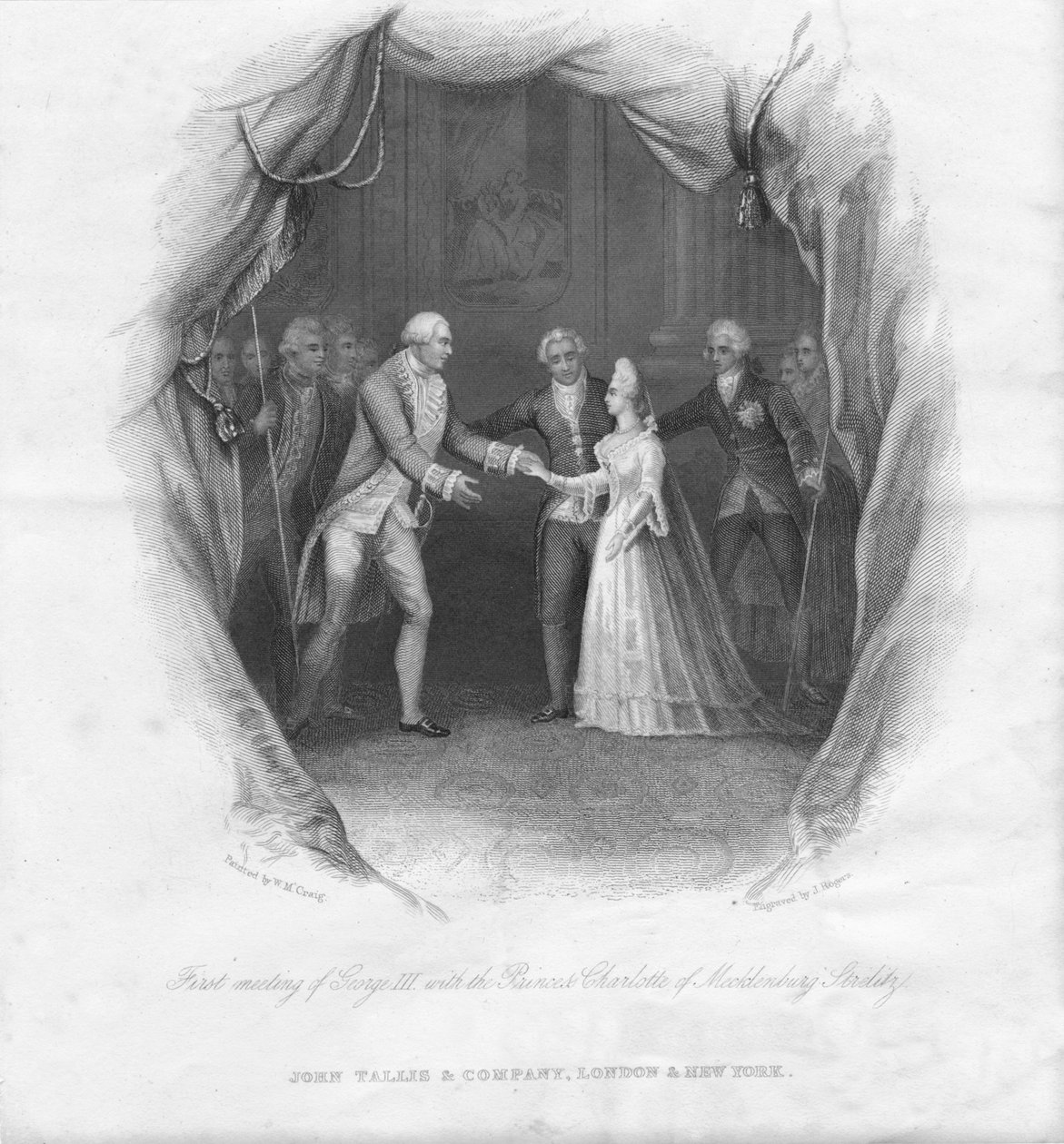 Første møde mellem George III med prinsesse Charlotte..., 1761, midten af det 19. århundrede. af J. Rogers