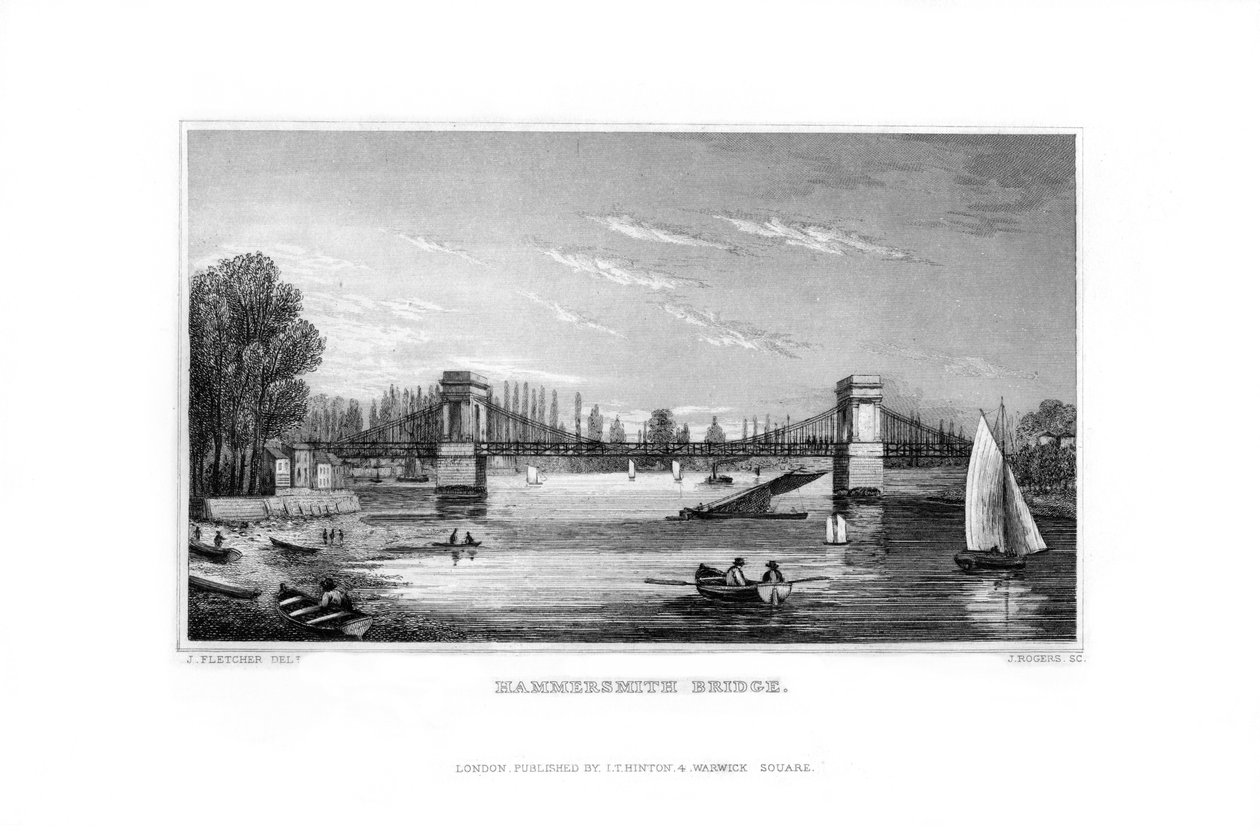 Hammersmith Bridge, Hammersmith, London, 1829. af J. Rogers