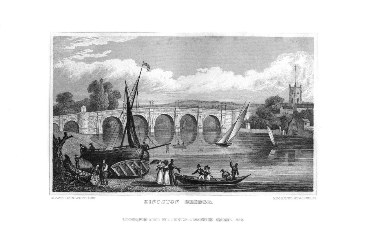Kingston Bridge, London, 1829. af J. Rogers