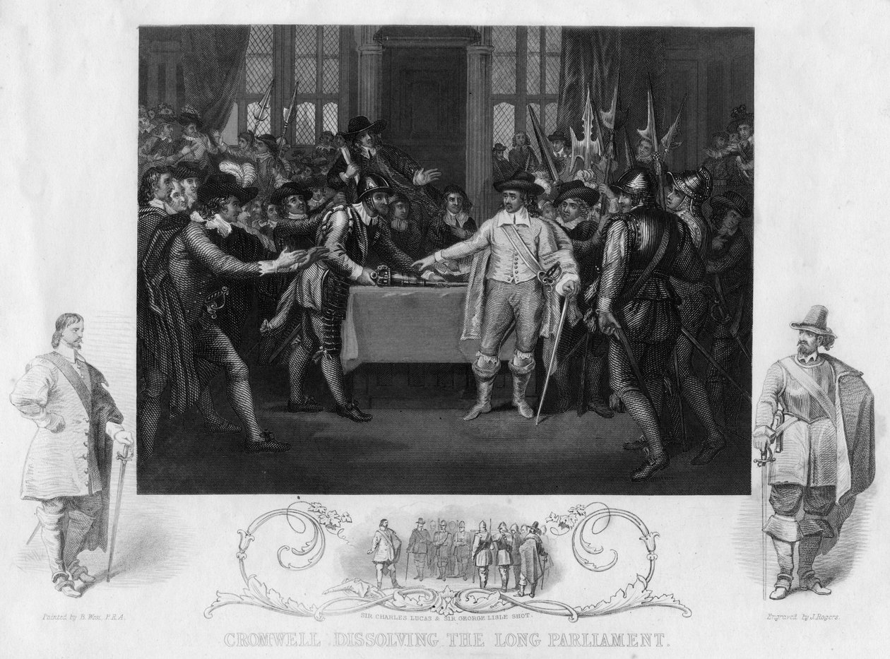 Oliver Cromwell 1599-1654 opløser det lange parlament, 1800-tallet. af J. Rogers