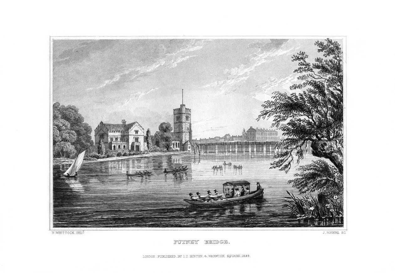 Putney Bridge, London, 1829. af J. Rogers