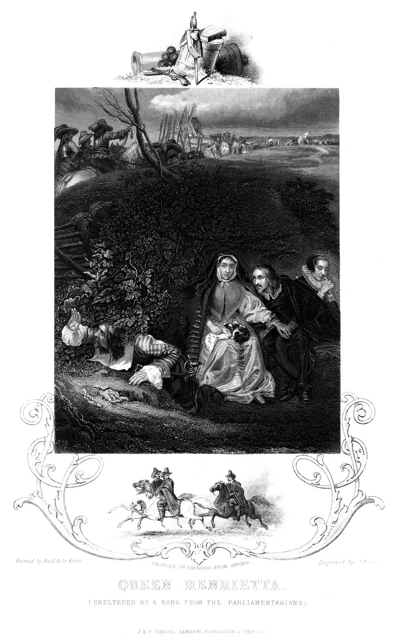 Dronning Henrietta 1609-1669 i læ af en bank fra parlamentarikerne, 1800-tallet. af J. Rogers