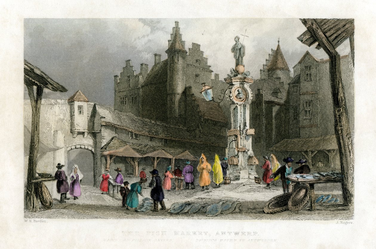 Fiskemarkedet, Antwerpen, Belgien, 1800-tallet. af J. Rogers