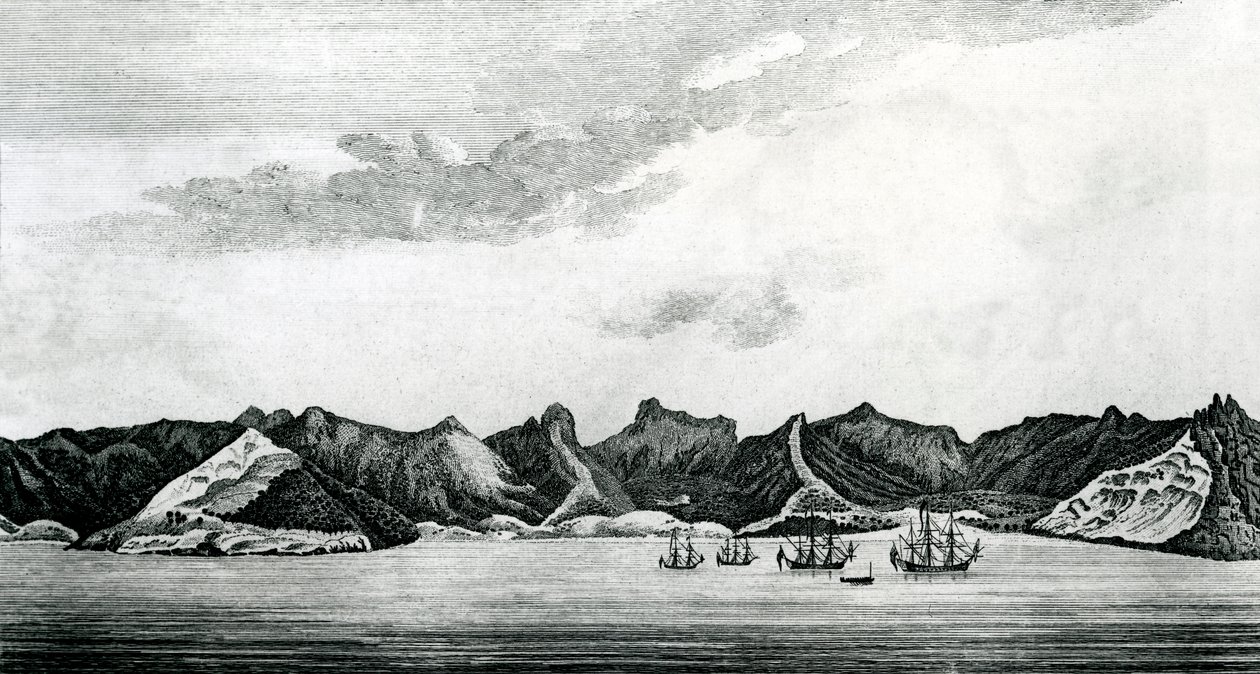 Udsigt over Cumberland Bay ved øen Juan Fernandes, ca. 1745 (gravering) af J. S. Mason