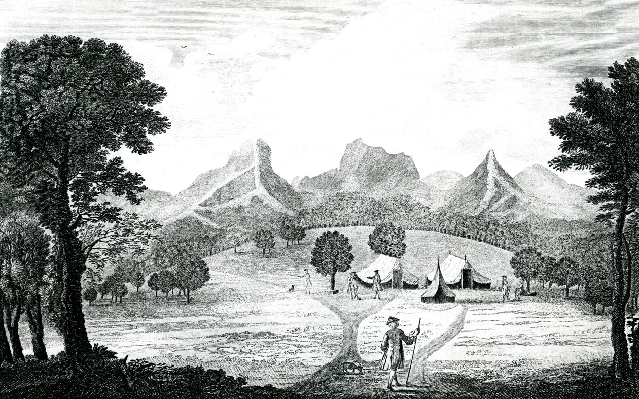 Udsigt over Commodore-teltet på øen Juan Fernandes, ca. 1745 (gravering) af J. S. Mason