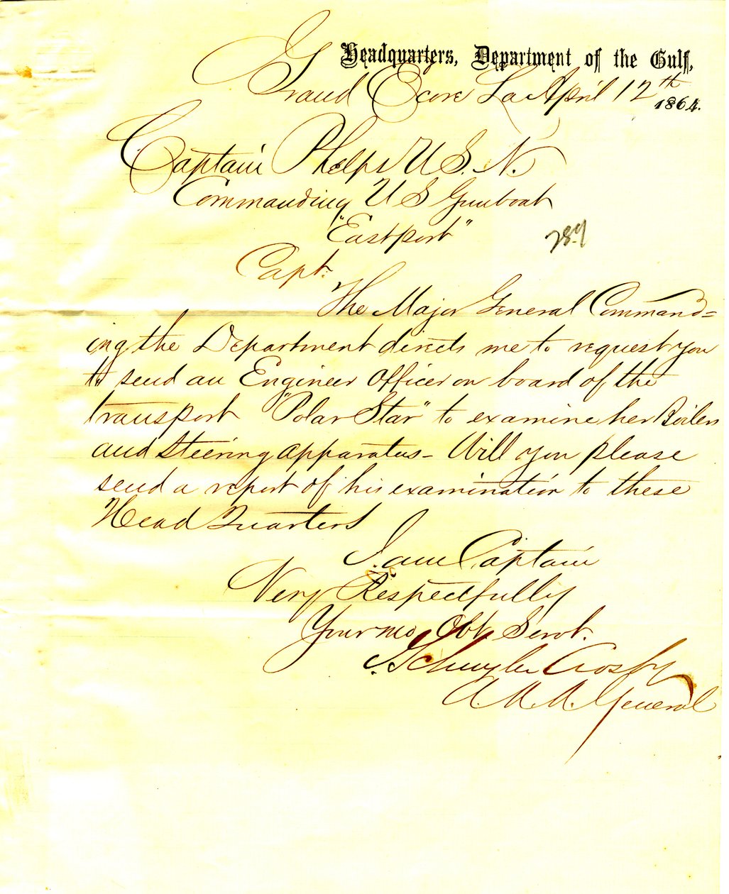 Brev fra J. Schuyler Crosby, Grand Ecore, Louisiana, til Seth Ledyard Phelps, der befalede USA Eastport, 12. april 1864 af J. Schuyler Crosby