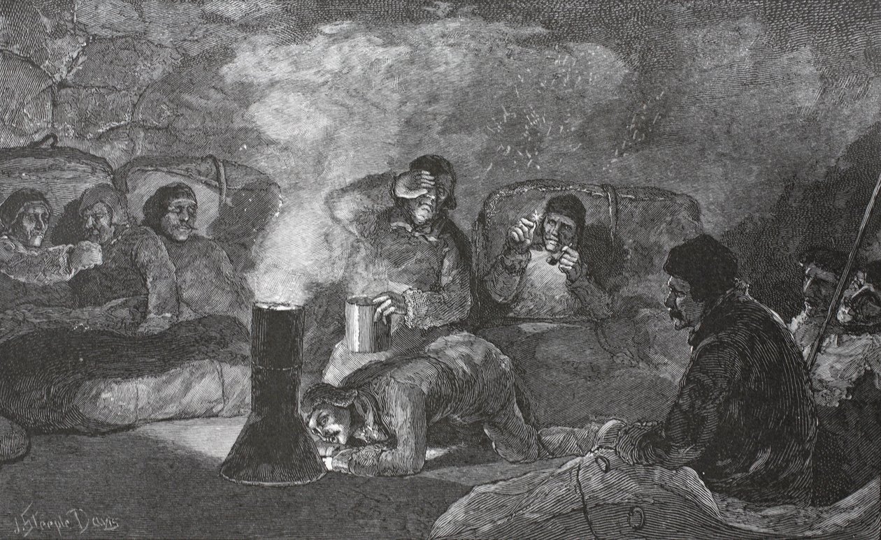 Indretning af vores vinterhytte i Camp Clay under madlavning, 1883 pub. London 1886 af J. Steeple Davis