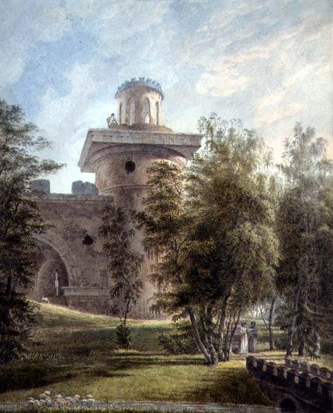 Udsigt over den maleriske park og observatorium ved Tsarskoye Selo (akvarel på papir) af J. Tearnof