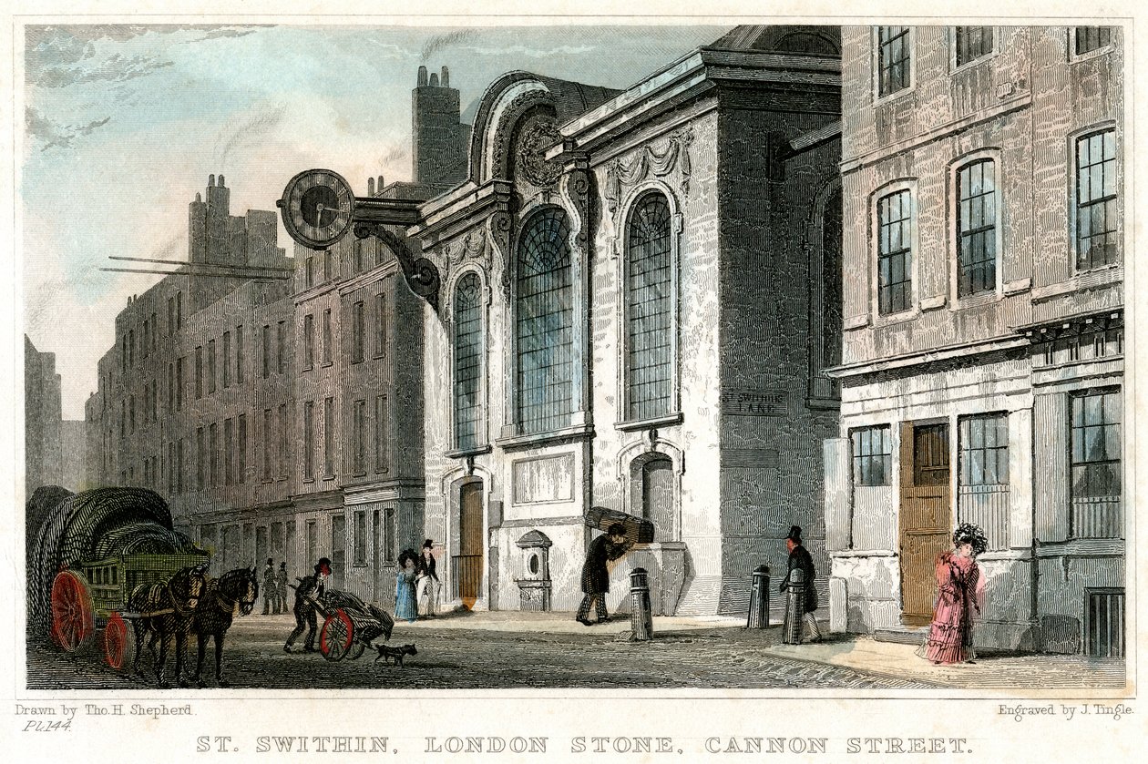 Church of St Swithin and the London Stone, Cannon Street, City of London, c1830. af J. Tingle