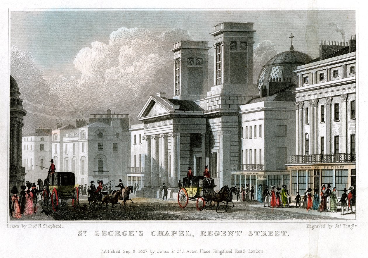 St Georges Chapel, Regent Street, Westminster, London, 1827. af J. Tingle