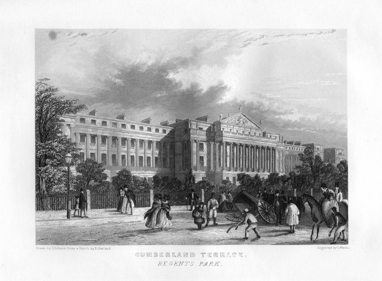 Cumberland Terrace, Regents Park, London, 1800-tallet. af J. Woods