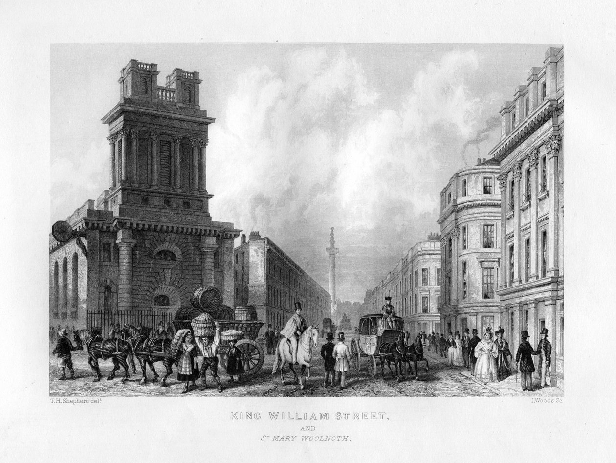 King William Street og St Mary Woolnoth, London, 1800-tallet. af J. Woods