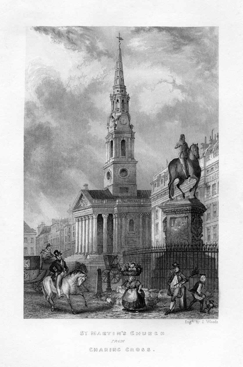 St Martins Church fra Charing Cross, London, 1800-tallet. af J. Woods