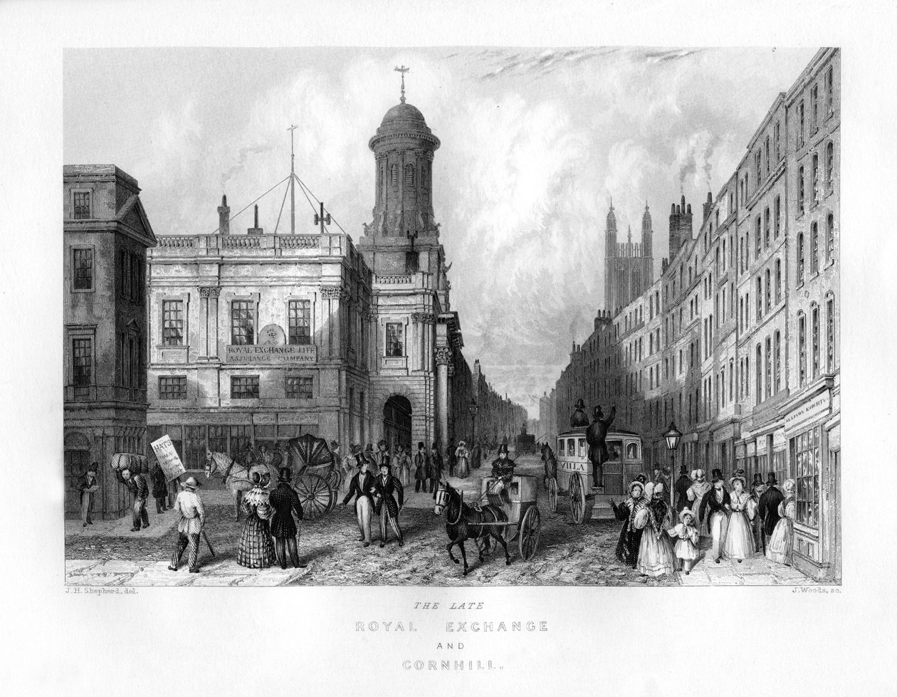 Den sene Royal Exchange og Cornhill, London, 1800-tallet. af J. Woods