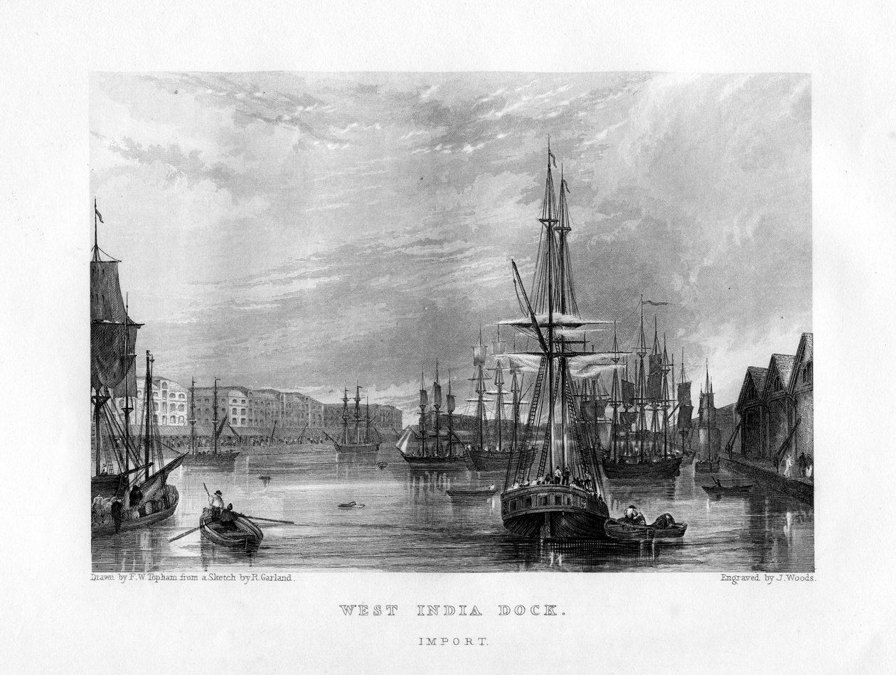 West India Dock, London, 1800-tallet. af J. Woods
