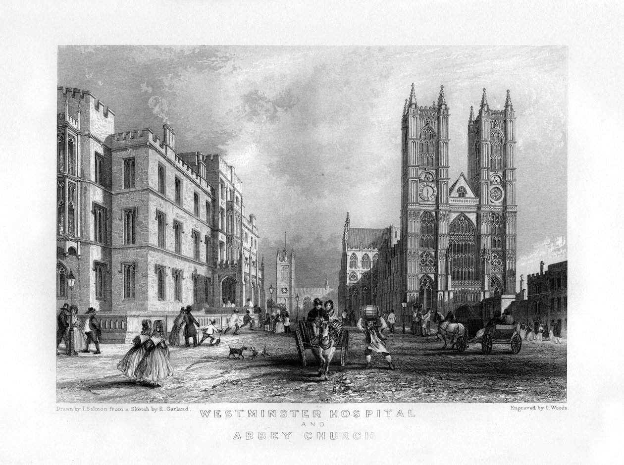 Westminster Hospital og Abbey Church, London, 1800-tallet. af J. Woods