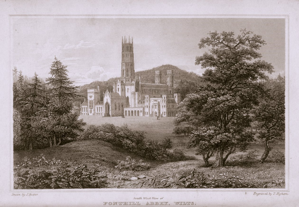 Sydvestudsigt over Fonthill Abbey, indgraveret af T. Higham, 1823 af J. after Rutter