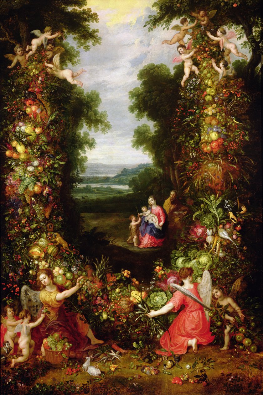 Hellig Familie i et landskab med en krans af frugt og grøntsager (panel) af J. and Avont, P. van Brueghel