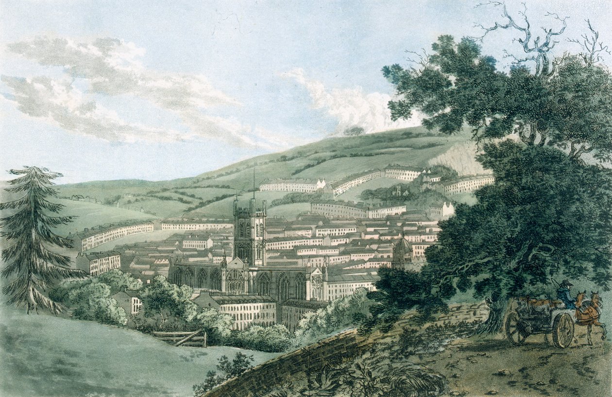 Bath, fra privatvejen til Prior Park, fra "A Picturesque Guide to Bath, Bristol Hot-Wells, the River Avon and the Adjacent Country", udgivet i 1793 (farveakvatint) af J. and Ibbetson, J.C. Hassell