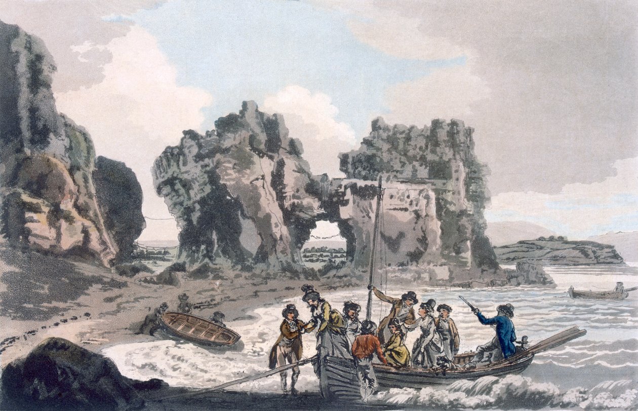 Udsigt over Castle Rock, fra landingsstedet på Flat Holmes, fra A Picturesque Guide to Bath, Bristol Hot-Wells, River Avon and the Adjacent Country, udgivet 1793 (farveakvatint) af J. and Ibbetson, J.C. Hassell