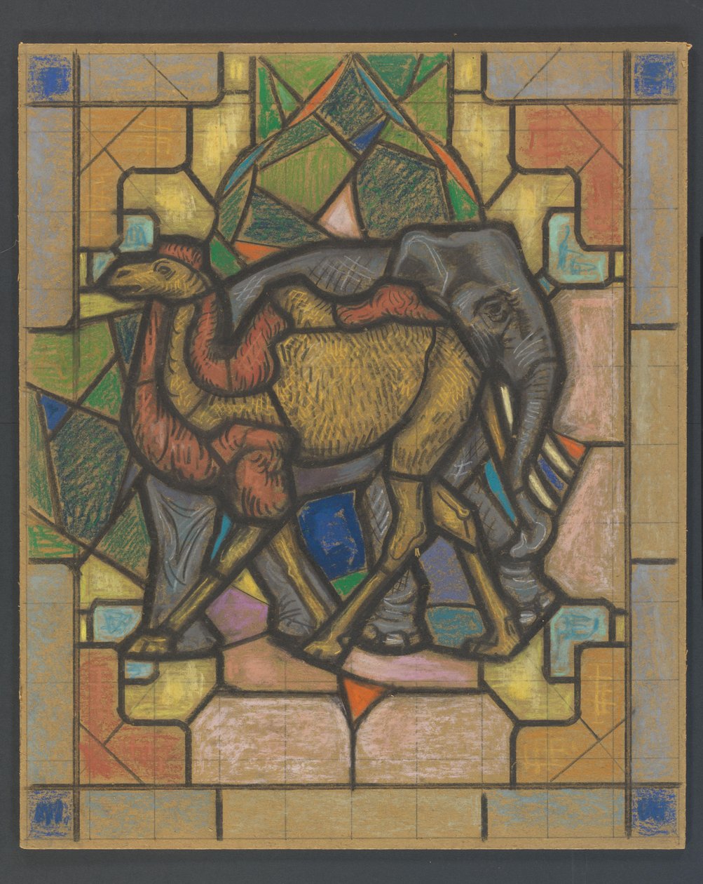 Design til et farvet glasvindue med en kamel og elefant af Jaap Weyand