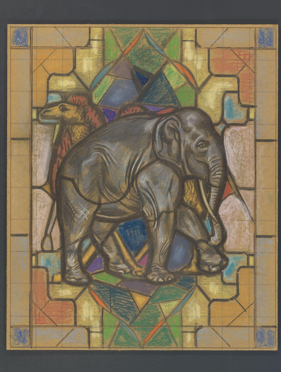 Design til et farvet glasvindue med en elefant og kamel af Jaap Weyand