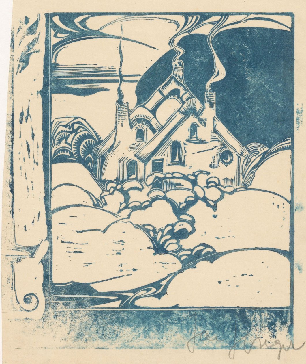 Hus med rygende skorstene i et bakket landskab af Jac Jongert (signed by artist)