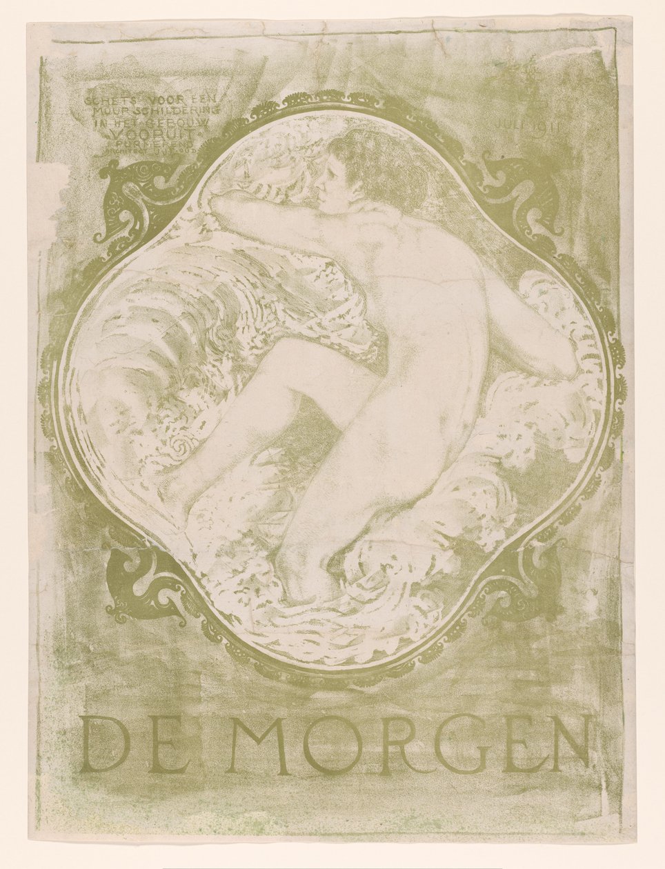 Nøgen kvinde i bølgerne De Morgen / Skitse til et vægmaleri i Vooruit Purmerend-bygningsarkitekten J.J.P. Gammel. (titel på objekt) af Jac Jongert